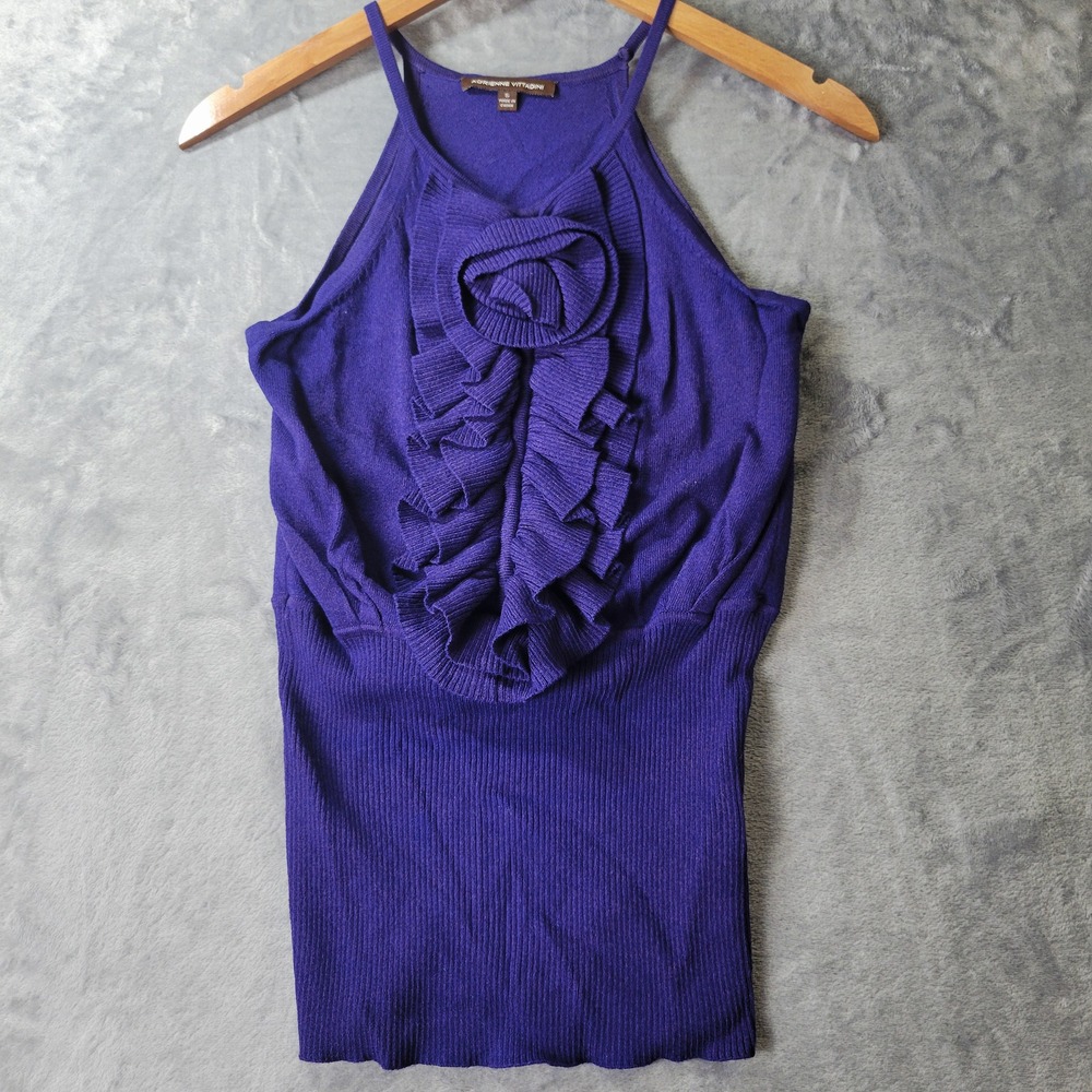 Adrienne Vittadini Purple Rosette Halter Knit Top Ruffle Sleeveless Small Y2K